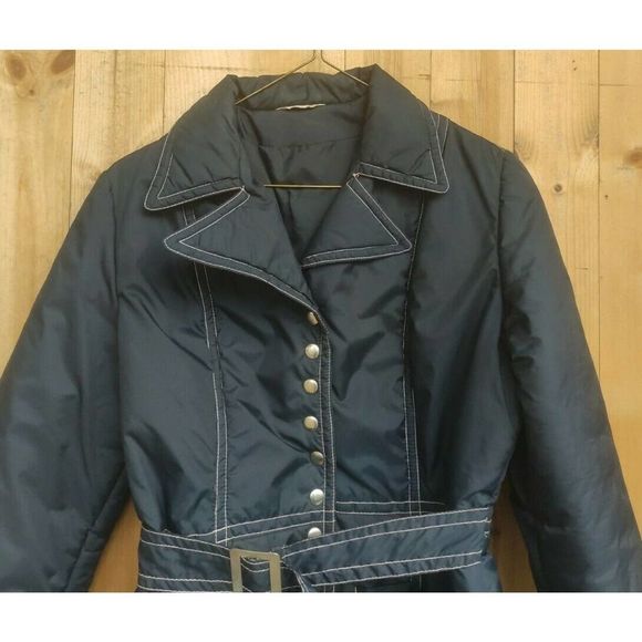 British Mist Navy Belted Fitted Snap Front Coat Vintage w wide Notch Collar M - Picture 2 of 7